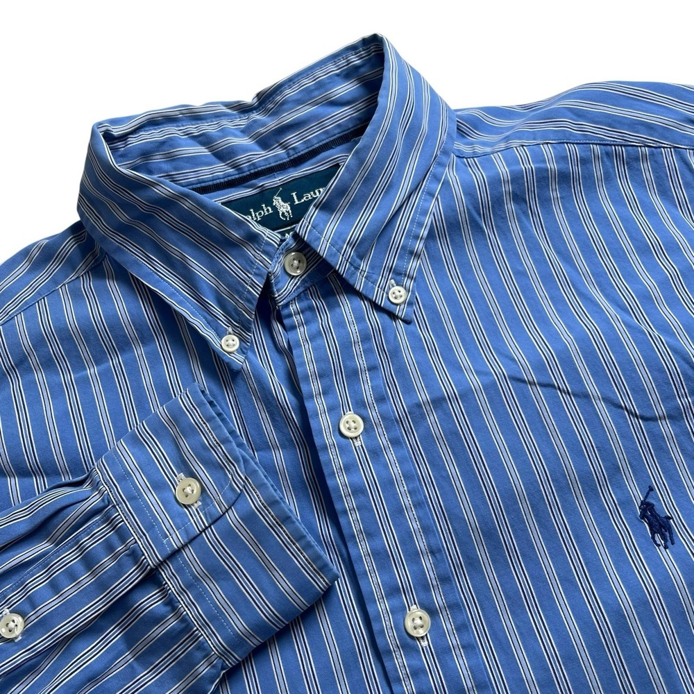 Ralph Lauren Mens Large Blue Striped Classic Fit Long Sleeve Button Down Shirt